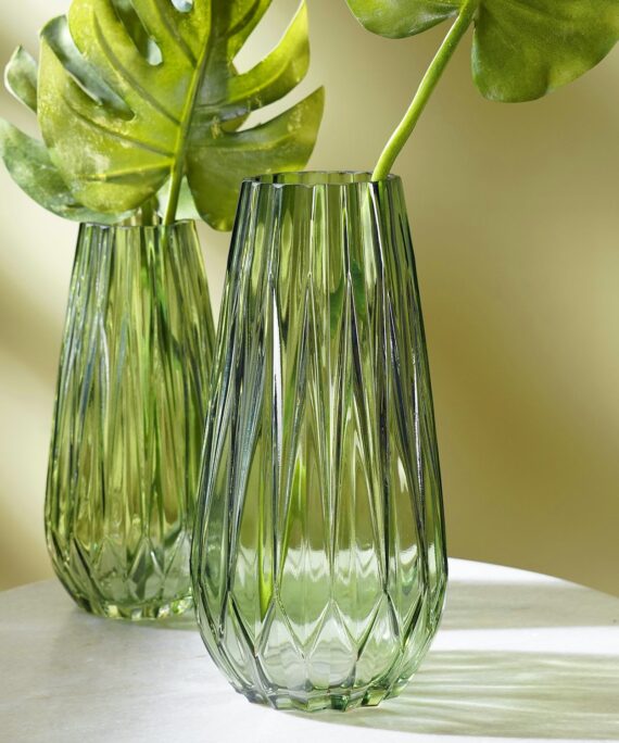 Green Diamond Cut Glass Vase - Medium