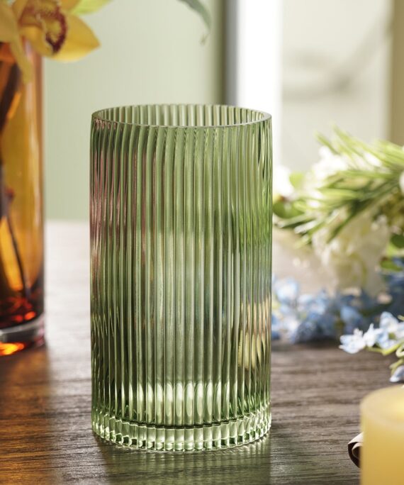 Green Ribbed Straight Glass Vase - Small